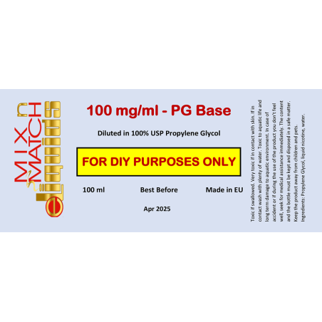 100 ml at 100 mg/ml nicotine base in PG